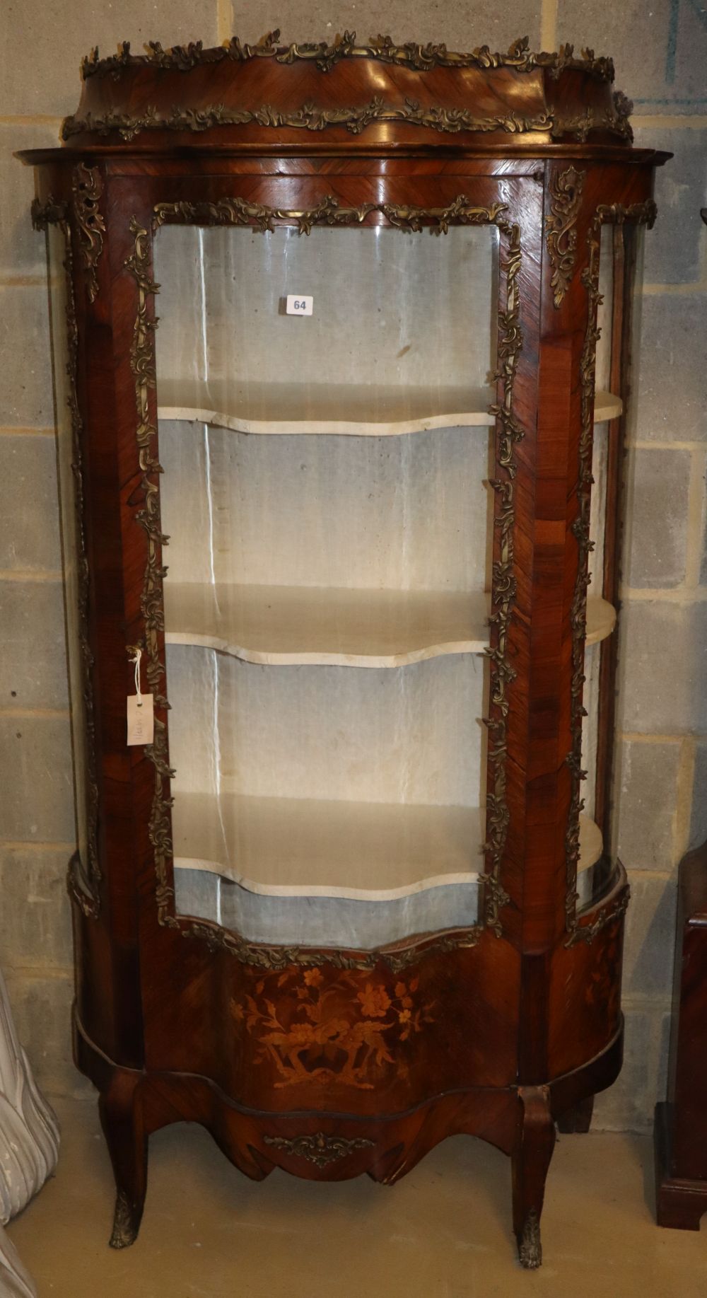 A late 19th century French kingwood vitrine, W.90cm, D.45cm, H.167cm